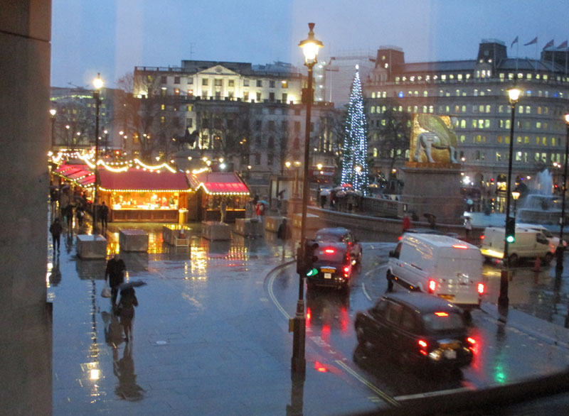 Trafalgar Square in the rain
